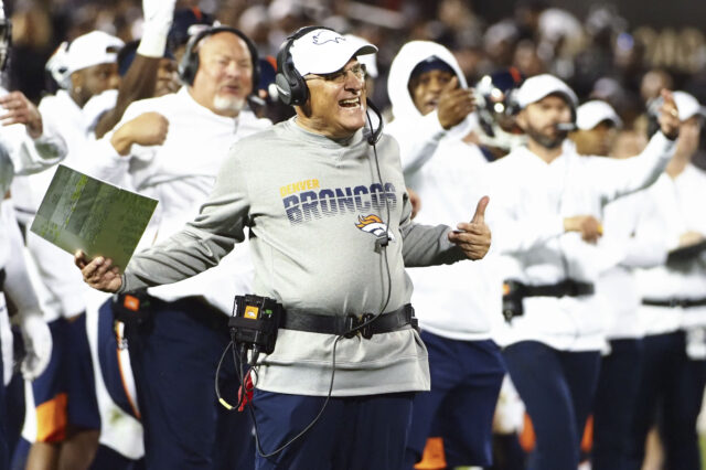 Denver Broncos head coach Vic Fangio calls for a player to get off the field during the fourth quarter against the Oakland Raiders at Oakland Coliseum.