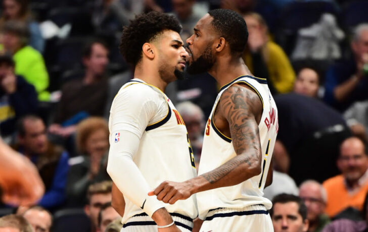 Denver Nuggets forward Will Barton (5) celebrates his basket with guard Jamal Murray (27) in the first quarter against the Miami Heat at the Pepsi Center.