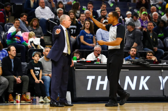 Denver Nuggets head coach Michael Malone argues with referee Rodney Mott (71) in the fourth quarter against the Minnesota Timberwolves at Target Center.