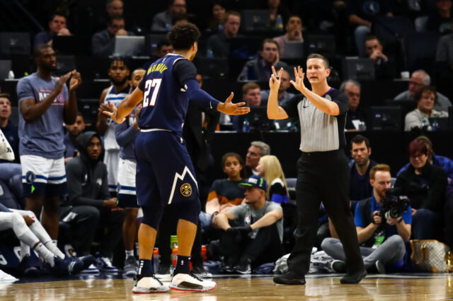 Denver Nuggets guard Jamal Murray (27) reacts after getting called for a foul in the fourth quarter against the Minnesota Timberwolves at Target Center.