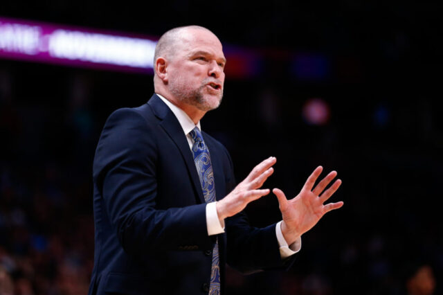 Denver Nuggets head coach Michael Malone gestures in the second quarter against the Atlanta Hawks at the Pepsi Center.