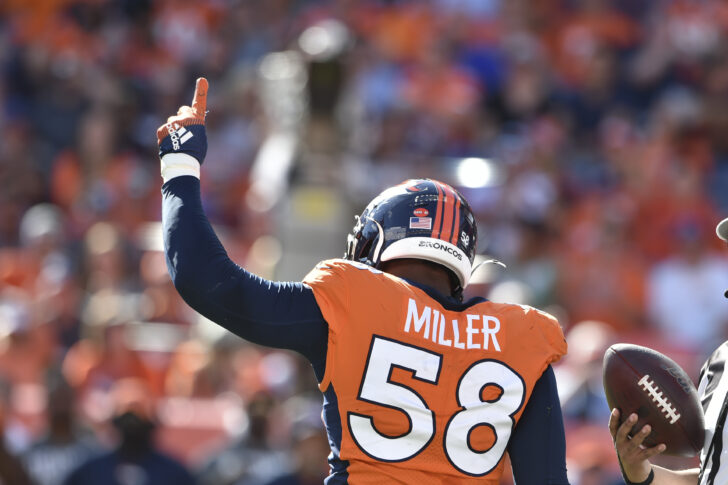 Denver Broncos outside linebacker Von Miller (58) celebrates his 100th career sack at Empower Field at Mile High.