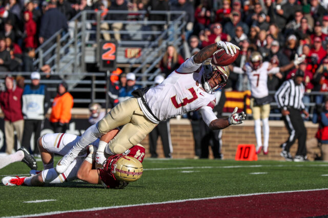 Florida State Seminoles running back Cam Akers (3) dives into the end zone for a touchdown against the Boston College Eagles during the second half at Alumni Stadium.