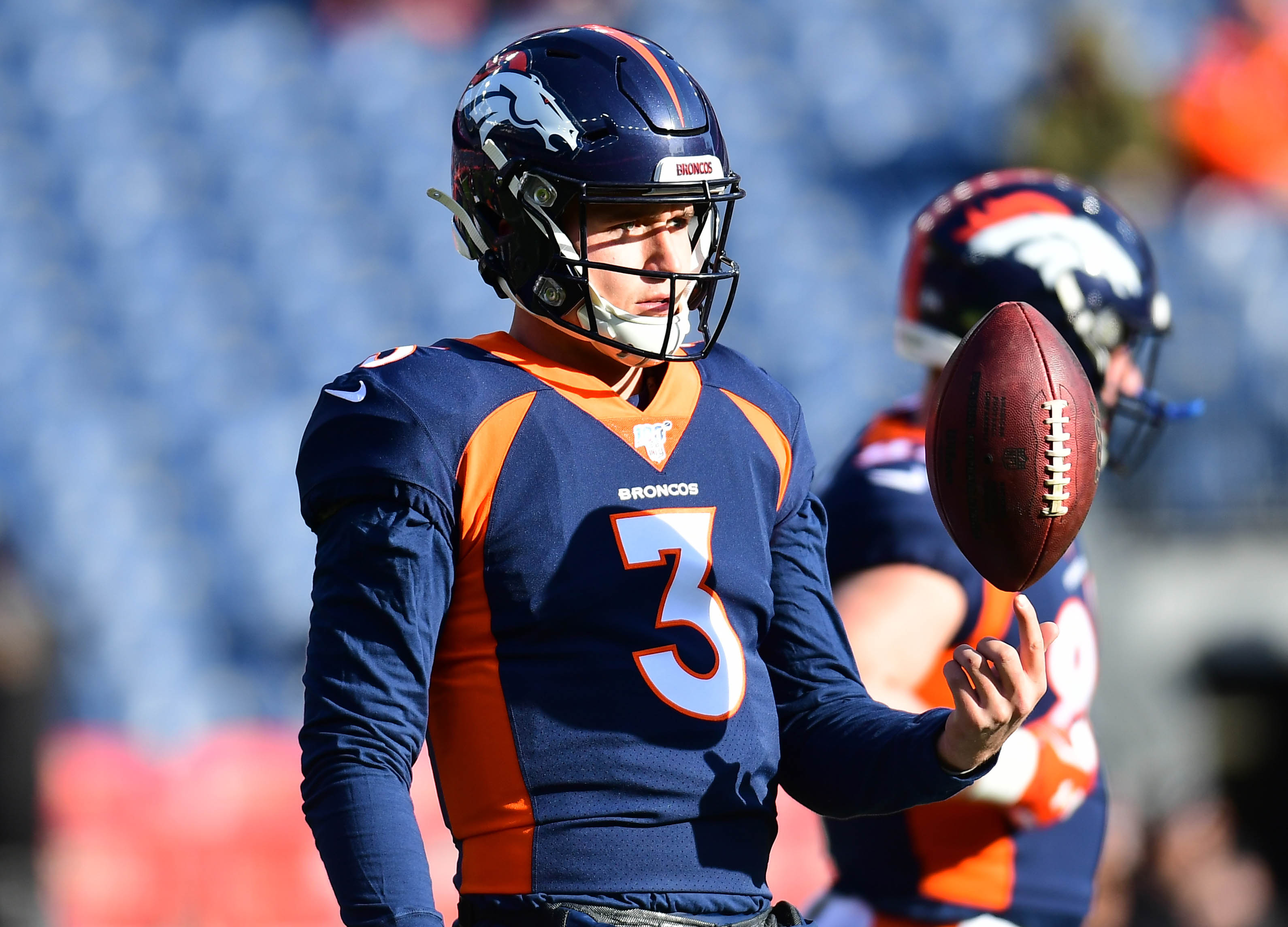 NFL: Los Angeles Chargers at Denver Broncos Denver, CO, USA; Denver Broncos quarterback Drew Lock (3) before the game against the Los Angeles Chargers at Empower Field at Mile High.