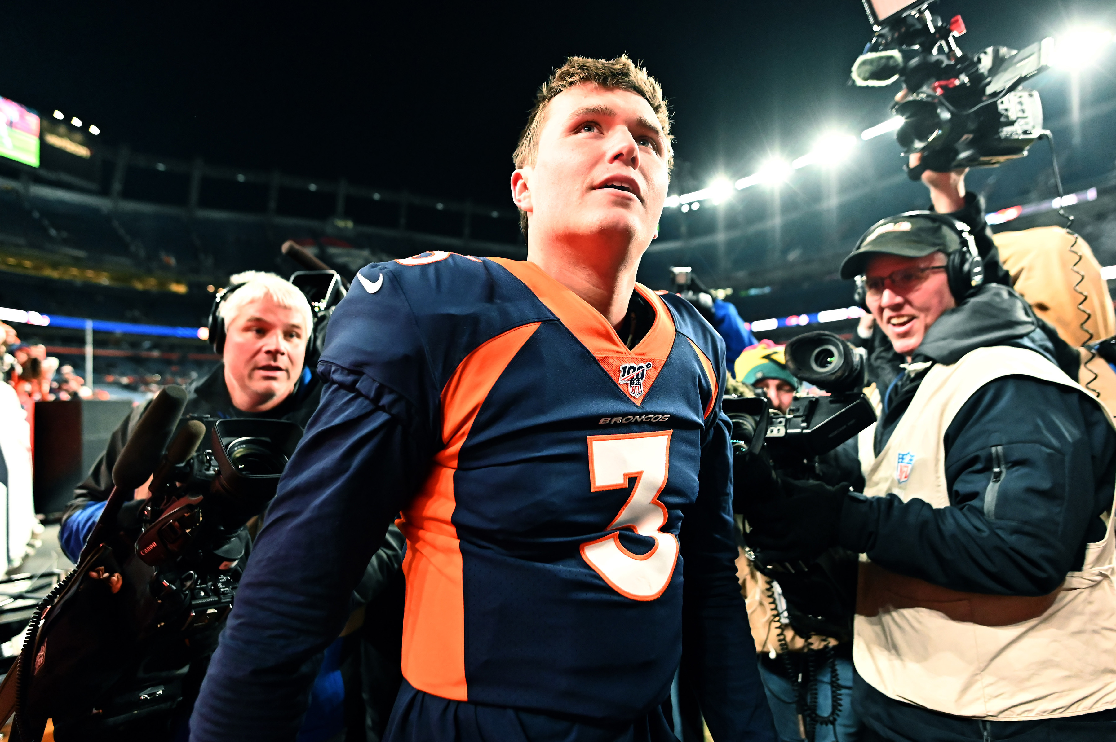 NFL: Los Angeles Chargers at Denver Broncos Denver Broncos quarterback Drew Lock (3) following the win over the Los Angeles Chargers at Empower Field at Mile High.