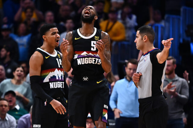 Denver Nuggets guard Will Barton (5) reacts to a foul on him in the fourth quarter against the Los Angeles Lakers at the Pepsi Center.