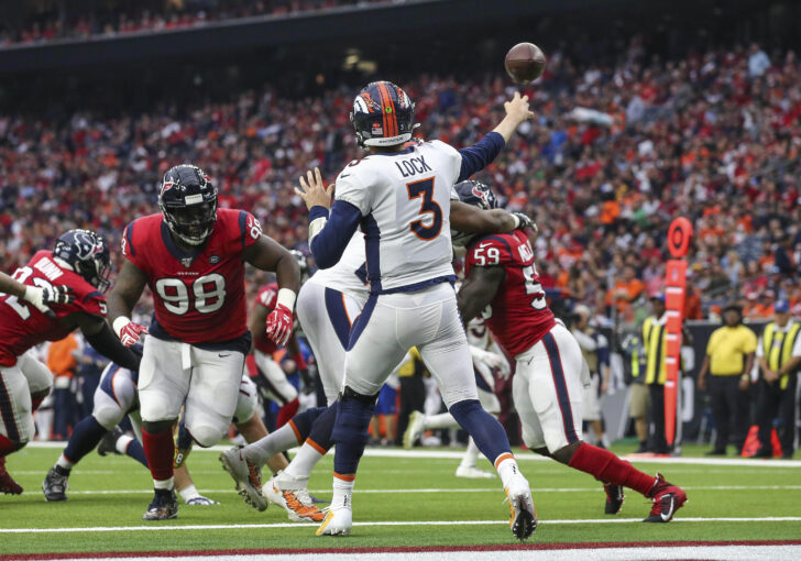 Denver Broncos quarterback Drew Lock (3) attempts a pass during the first quarter against the Houston Texans at NRG Stadium.