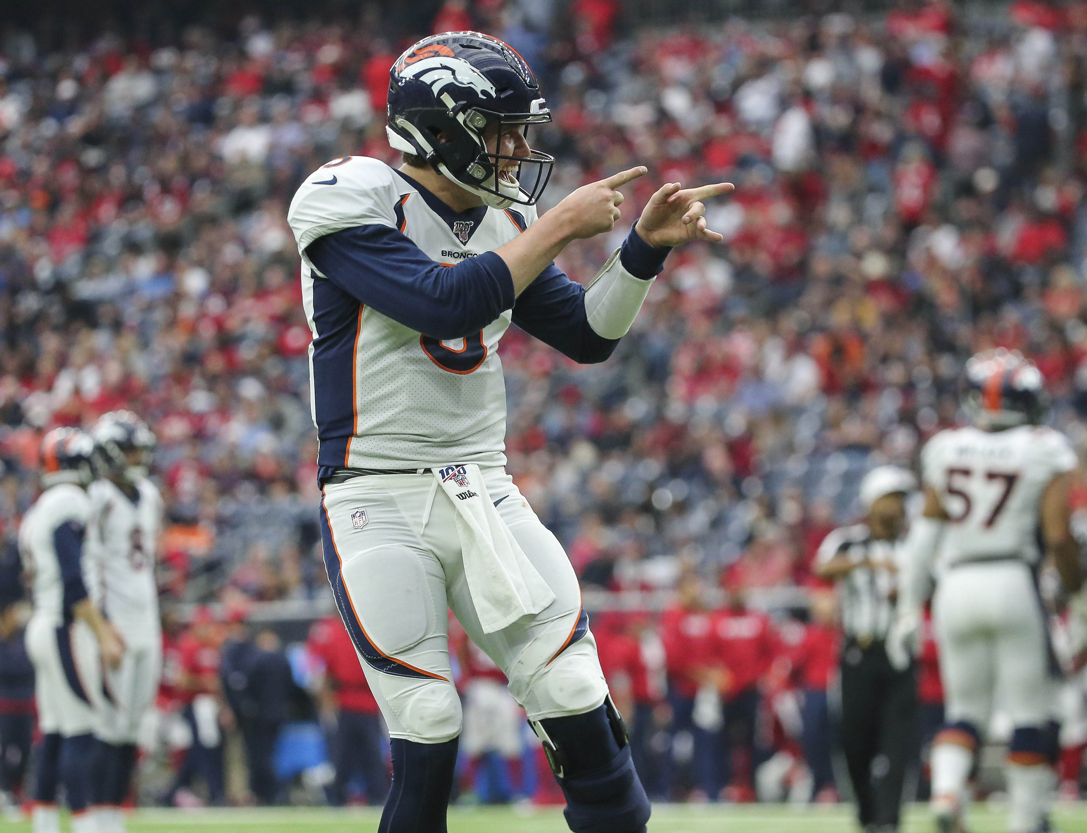 NFL: Denver Broncos at Houston Texans Denver Broncos quarterback Drew Lock (3) reacts after a touchdown by running back Phillip Lindsay (not pictured) during the third quarter against the Houston Texans at NRG Stadium.