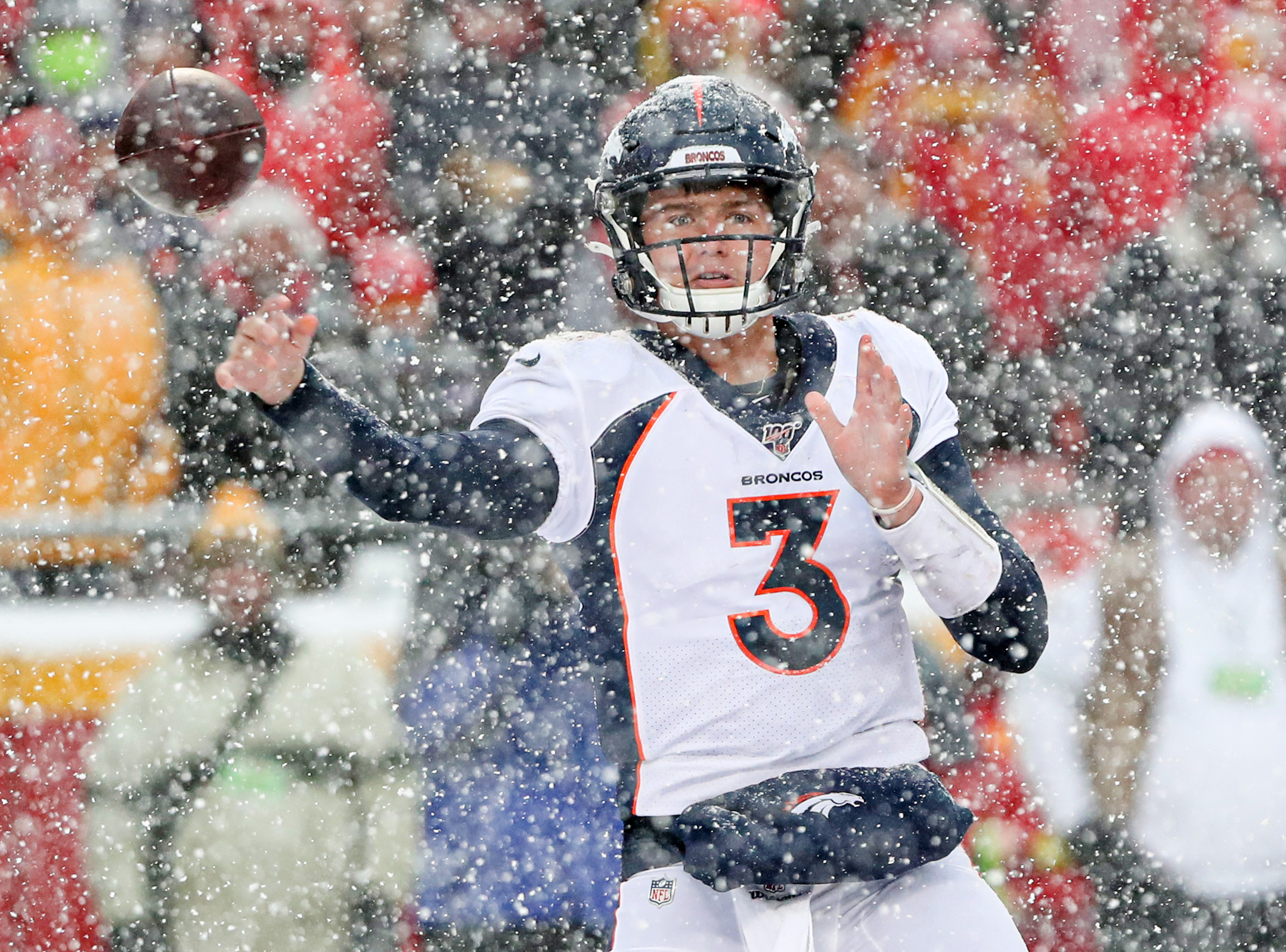 NFL: Denver Broncos at Kansas City Chiefs Denver Broncos quarterback Drew Lock (3) throws a pass against the Kansas City Chiefs during the second half at Arrowhead Stadium.