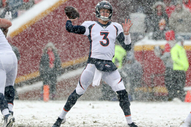 Denver Broncos quarterback Drew Lock (3) throws a pass against the Kansas City Chiefs during the second half at Arrowhead Stadium.
