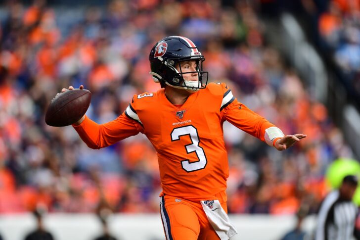 Denver Broncos quarterback Drew Lock (3) prepares to pass the ball in the first quarter against the Detroit Lions at Empower Field at Mile High.