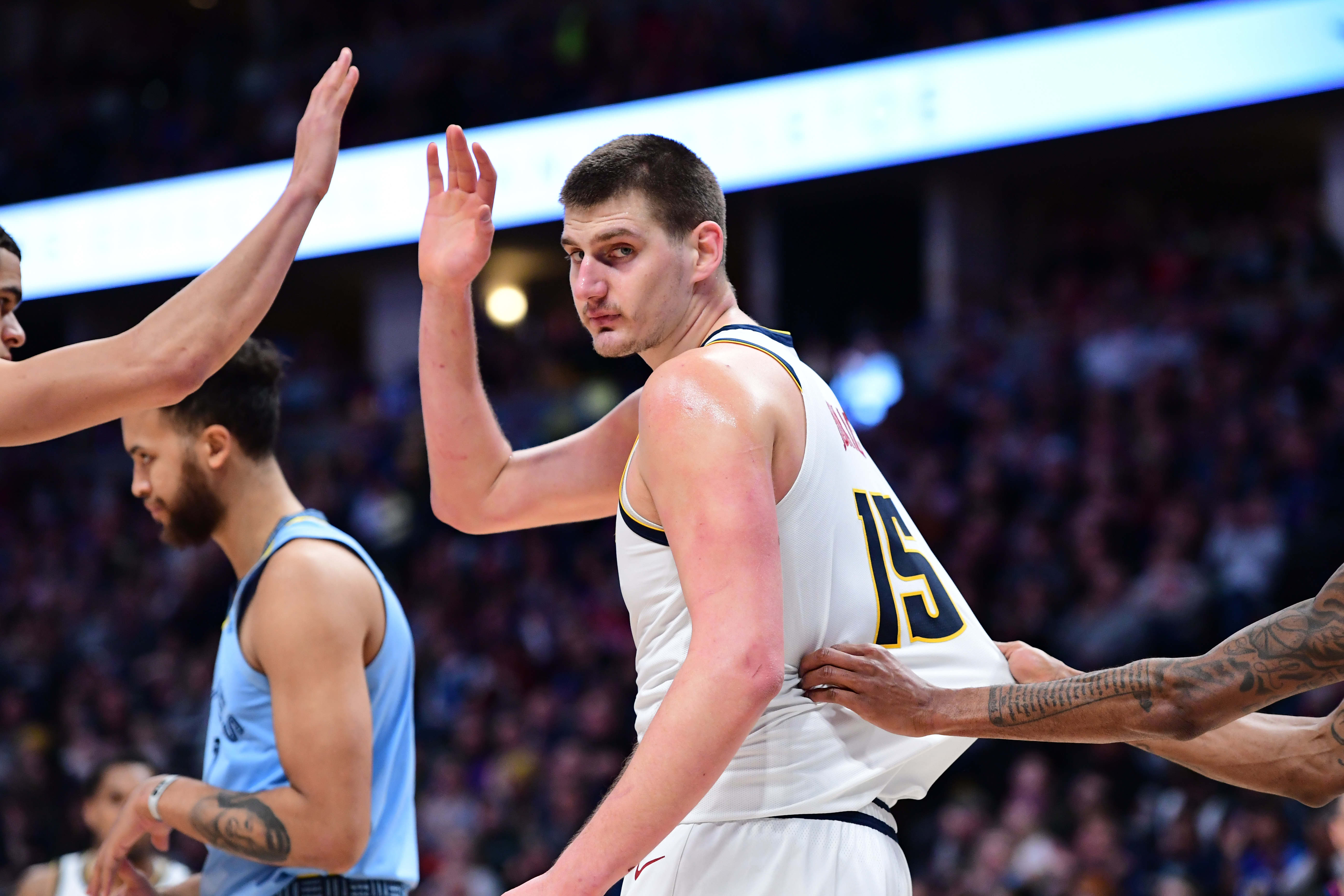 NBA: Memphis Grizzlies at Denver Nuggets Denver Nuggets center Nikola Jokic (15) celebrates his two point basket in the second half against the Memphis Grizzlies at the Pepsi Center.