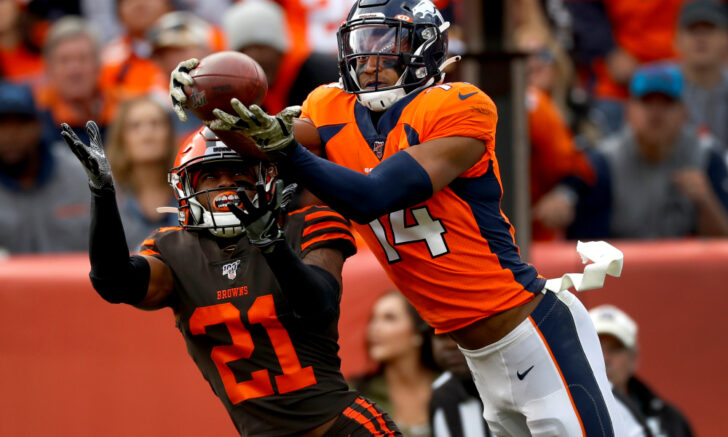 Denver Broncos wide receiver Courtland Sutton (14) pulls in a touchdown pass as Cleveland Browns cornerback Denzel Ward (21) defends during the first half of NFL football game, Sunday, Nov. 3, 2019, in Denver.