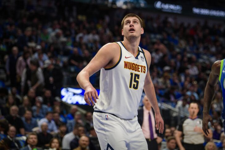 Denver Nuggets center Nikola Jokic (15) looks for the ball during the first quarter against the Dallas Mavericks at the American Airlines Center.