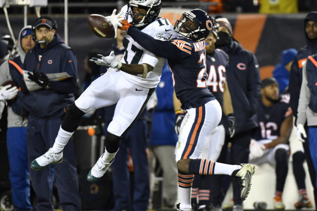 Chicago Bears cornerback Prince Amukamara (20) breaks up a pass intended for Philadelphia Eagles wide receiver Alshon Jeffery (17) in the second half a NFC Wild Card playoff football game at Soldier Field.