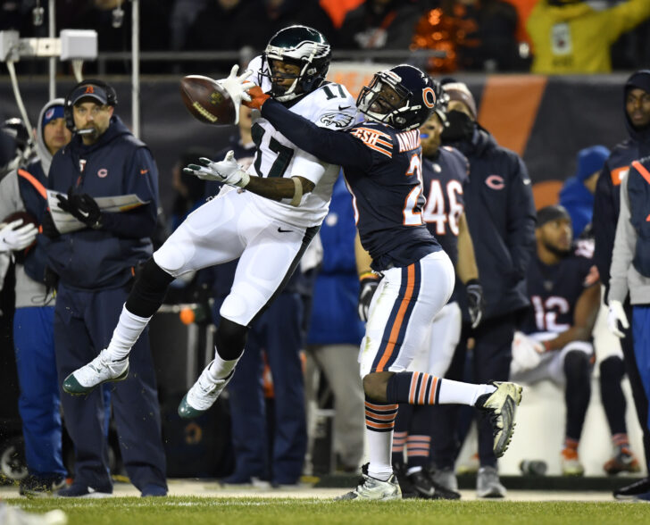 Chicago Bears cornerback Prince Amukamara (20) breaks up a pass intended for Philadelphia Eagles wide receiver Alshon Jeffery (17) in the second half a NFC Wild Card playoff football game at Soldier Field.