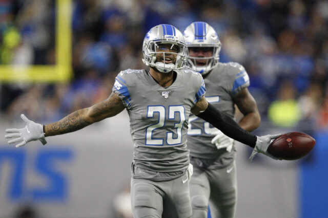 Detroit Lions cornerback Darius Slay (23) celebrates after making an interception during the third quarter against the Chicago Bears at Ford Field.