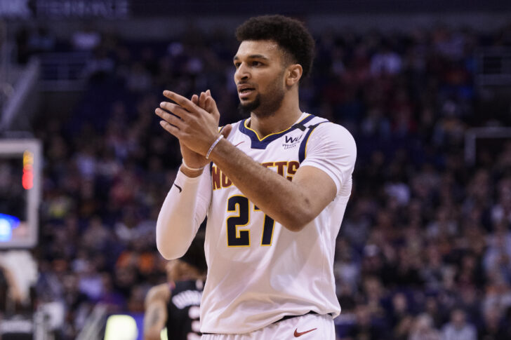 Denver Nuggets guard Jamal Murray (27) reacts in the first half against the Phoenix Suns at Talking Stick Resort Arena.