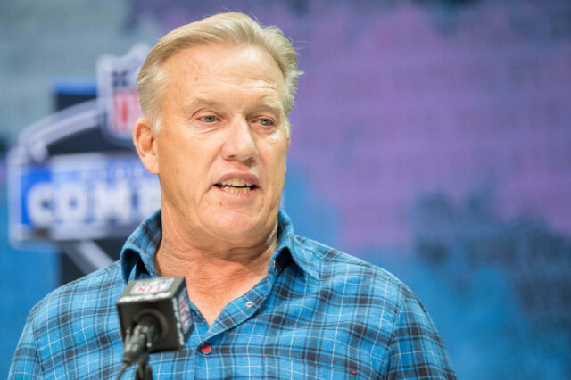 Denver Broncos general manager John Elway speaks to the media during the 2020 NFL Combine in the Indianapolis Convention Center.
