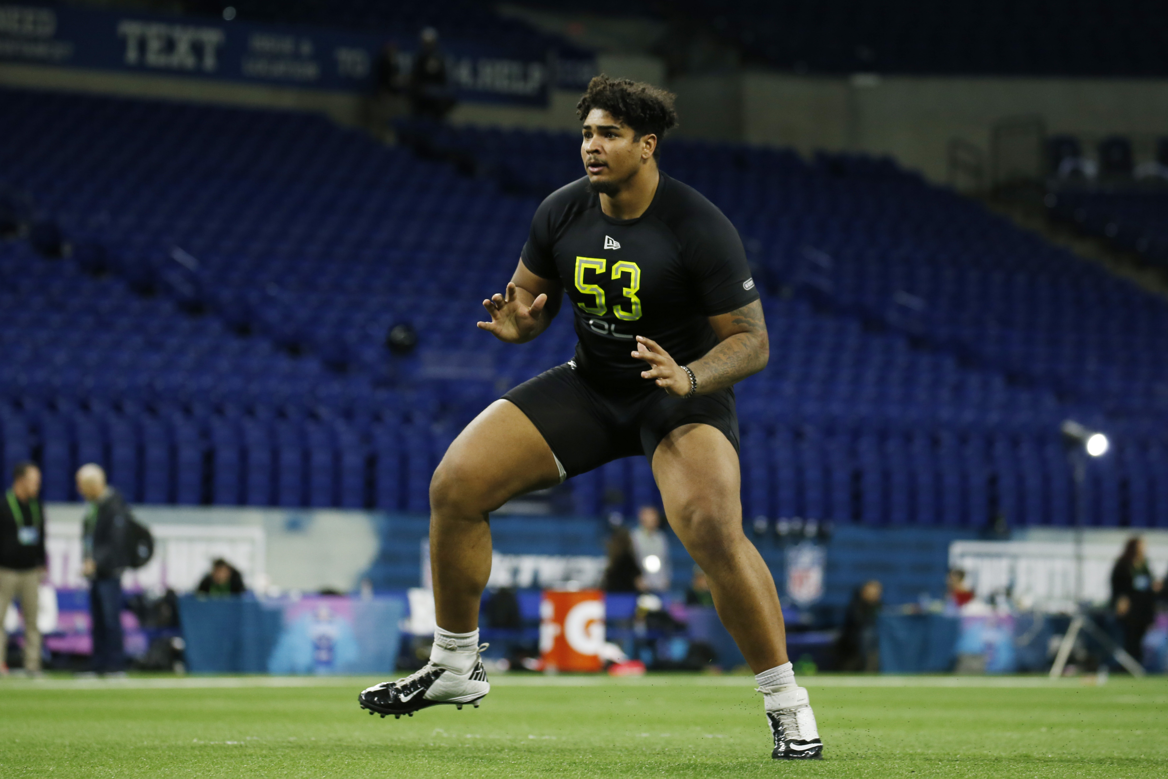 NFL: Combine Iowa Hawkeyes offensive lineman Tristan Wirfs (OL53) goes through a workout drill during the 2020 NFL Combine at Lucas Oil Stadium.