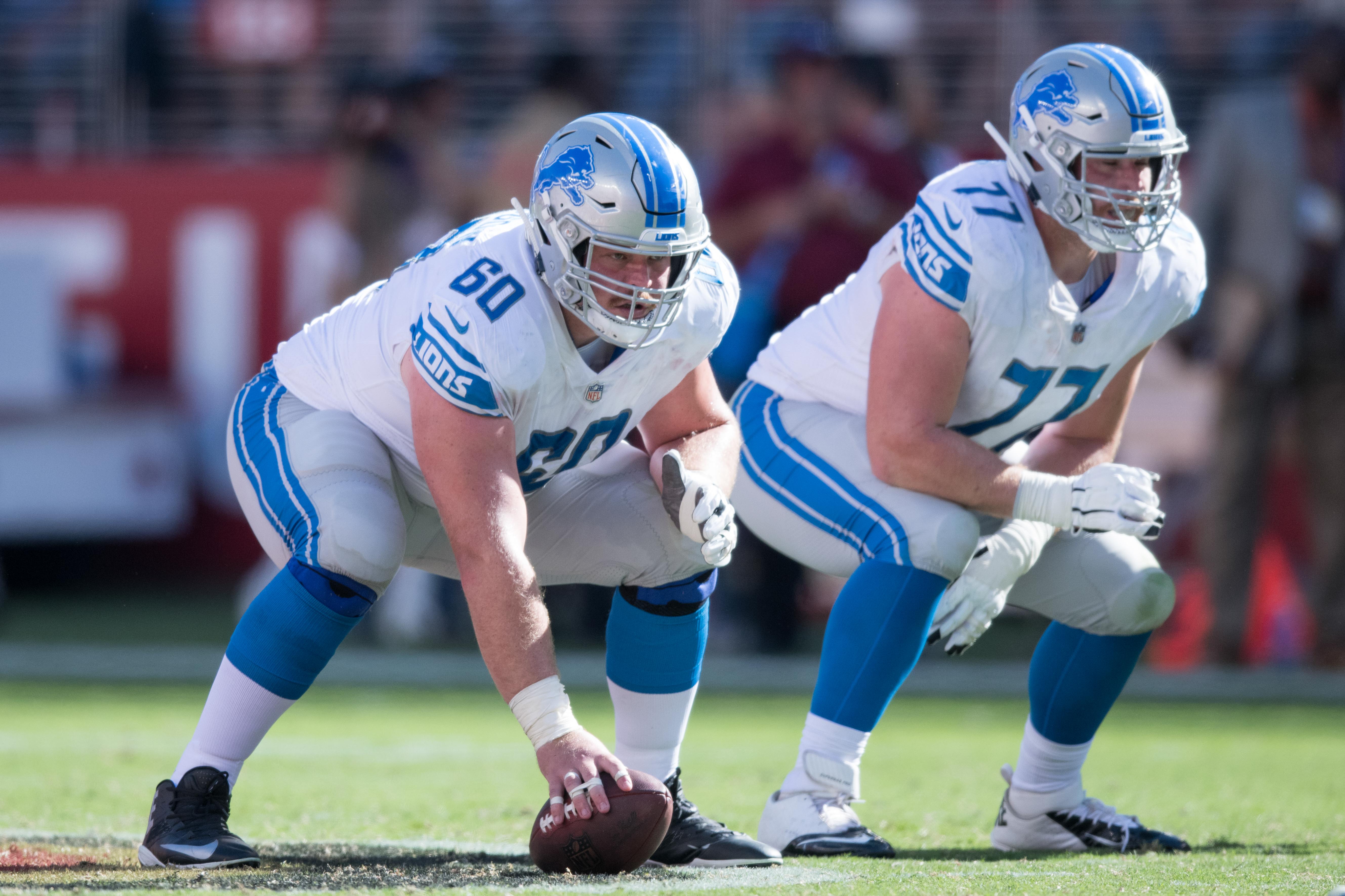 Detroit Lions offensive guard Graham Glasgow (60) and center Frank Ragnow (77) during the fourth quarter against the San Francisco 49ers at Levi's Stadium. The 49ers defeated the Lions 30-27.