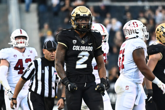 Colorado Buffaloes wide receiver Laviska Shenault Jr. (2) celebrates after his successful fourth down carry against the Stanford Cardinal during the fourth quarter at Folsom Field.