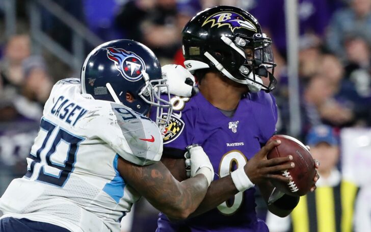 Jurrell Casey forces a sack-fumble of Lamar Jackson. Credit: Geoff Burke, USA TODAY Sports.