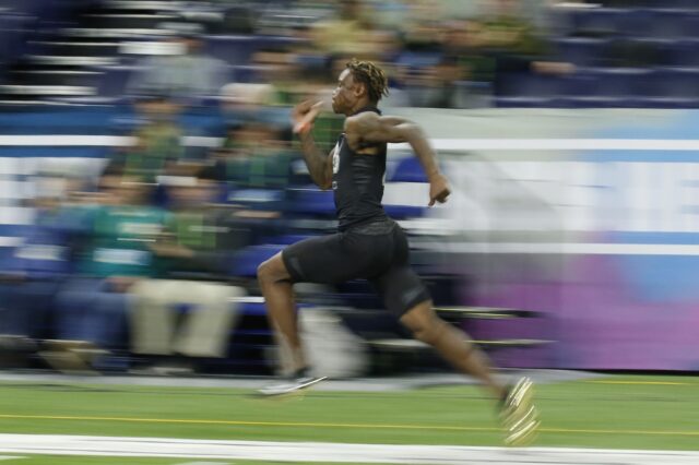 Henry Ruggs III runs the 40 at the NFL Combine. Credit: Brian Spurlock, USA TODAY Sports.
