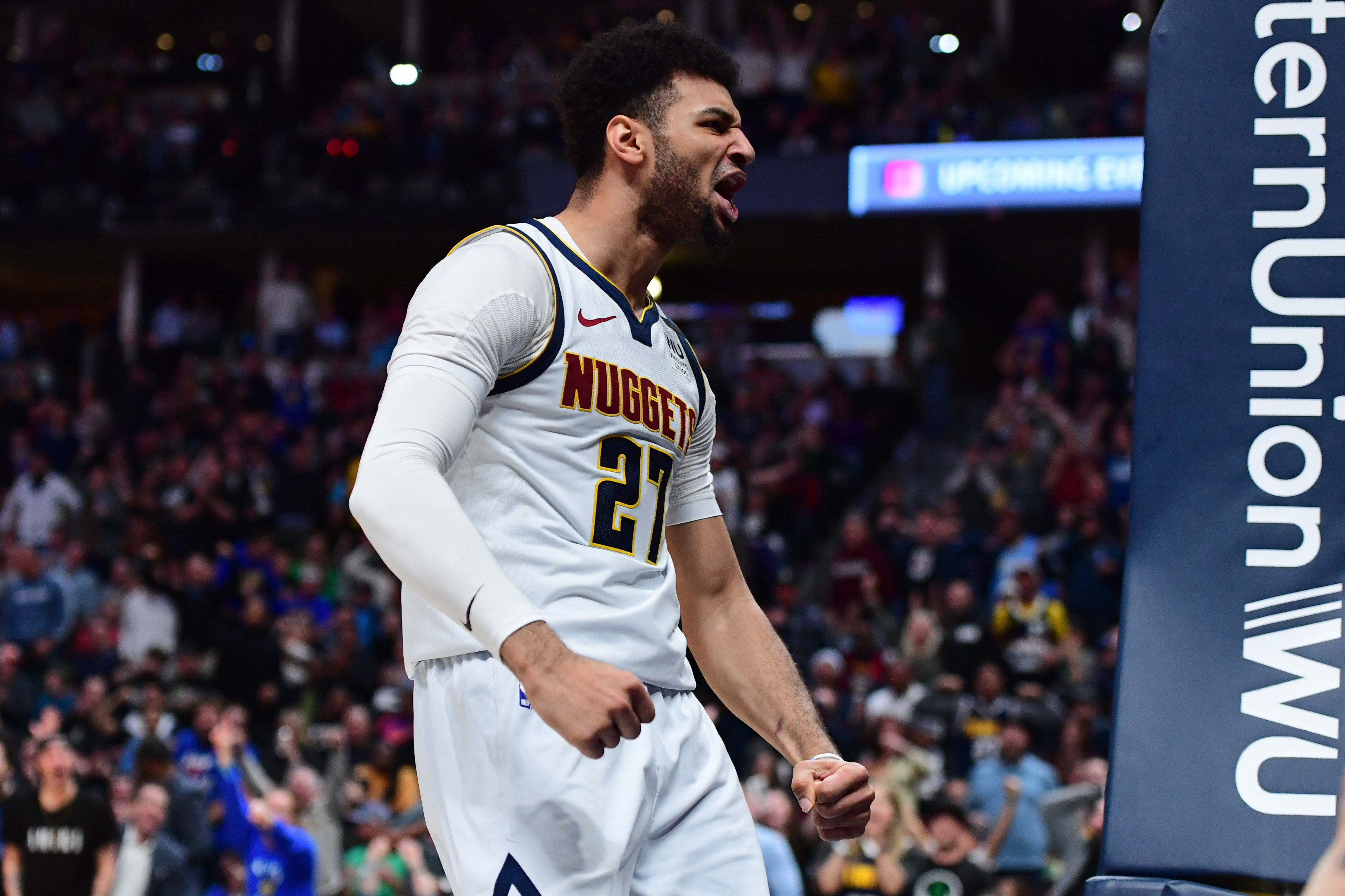 NBA: Milwaukee Bucks at Denver Nuggets Denver Nuggets guard Jamal Murray (27) reacts following his basket in the third quarter against the Milwaukee Bucks at the Pepsi Center.