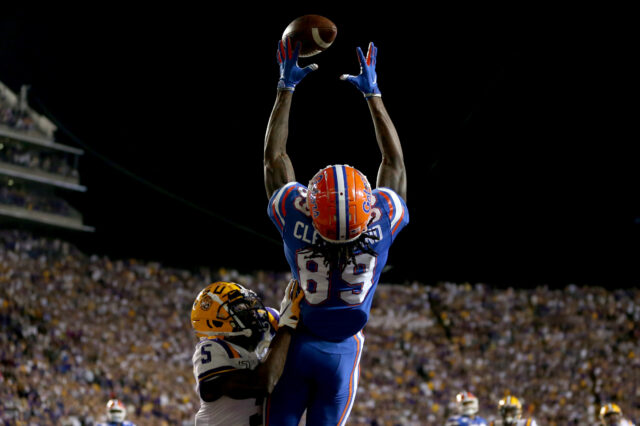 Florida Gators wide receiver Tyrie Cleveland (89) attempts to make a catch in the end zone while defended by LSU Tigers cornerback Kary Vincent Jr. (5) in the fourth quarter at Tiger Stadium.