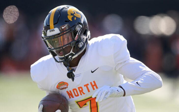 Michael Ojemudia at the Senior Bowl. Credit: Chuck Cook, USA TODAY Sports.