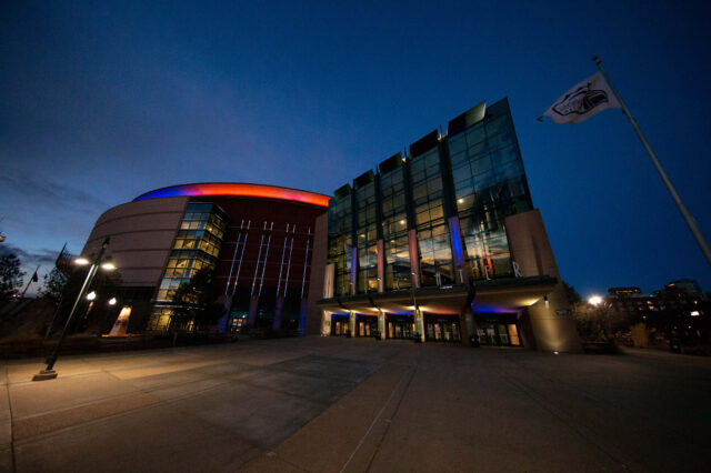 A general view of the Pepsi Center where the game between the Colorado Avalanche and Vancouver Canucks was cancelled after the postponement of the NHL season due to the COVID-19 coronavirus.