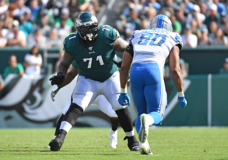 Philadelphia Eagles offensive tackle Jason Peters (71) looks to block Detroit Lions defensive end Trey Flowers (90) at Lincoln Financial Field.