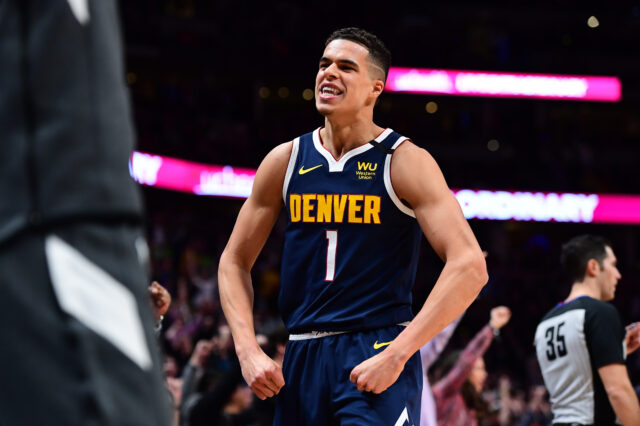 Denver Nuggets forward Michael Porter Jr. (1) reacts to his three point basket in the second half against the Utah Jazz at the Pepsi Center.