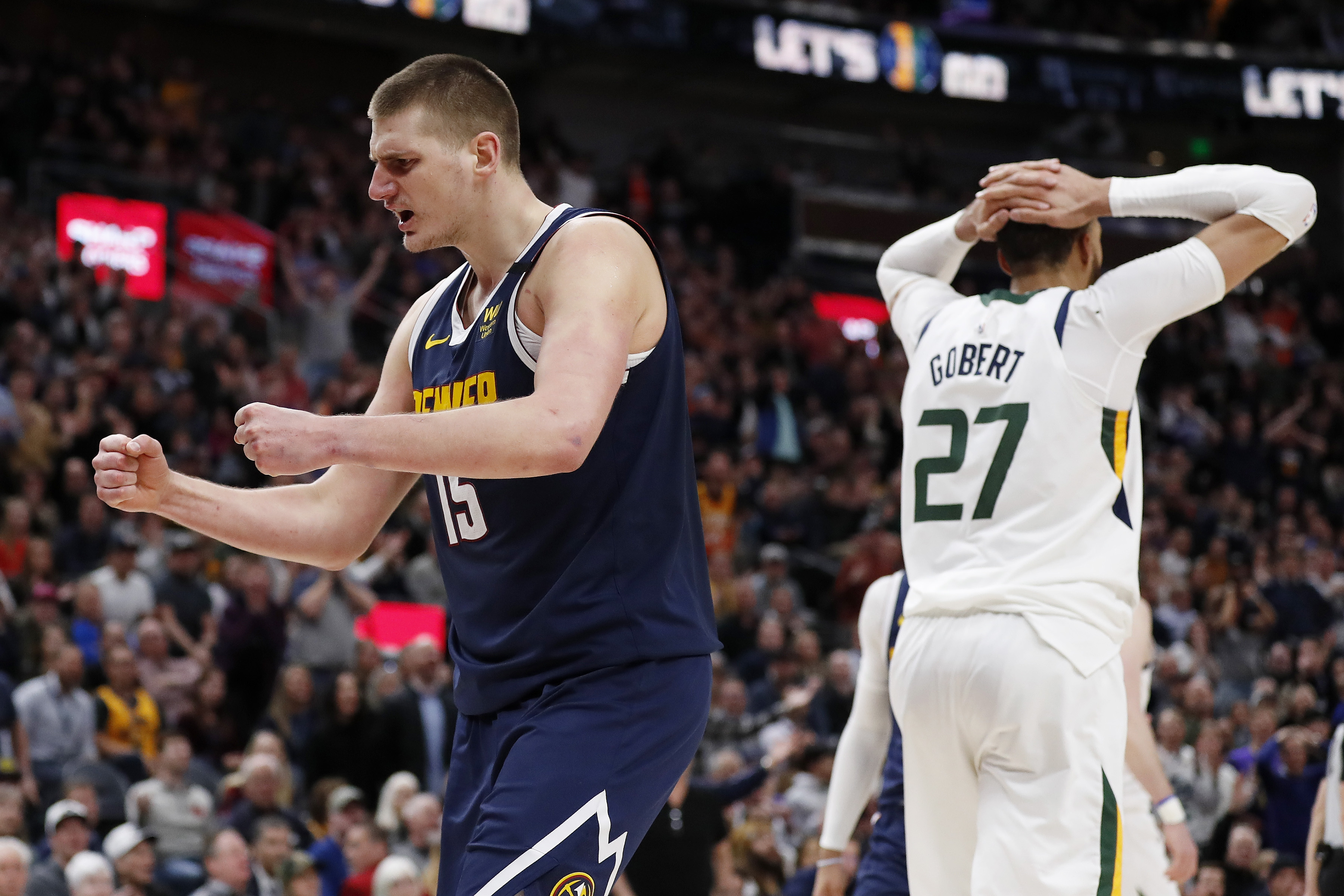 NBA: Denver Nuggets at Utah Jazz Denver Nuggets center Nikola Jokic (15) reacts after a foul against Utah Jazz guard Joe Ingles (2) (not pictured) during the fourth quarter at Vivint Smart Home Arena.