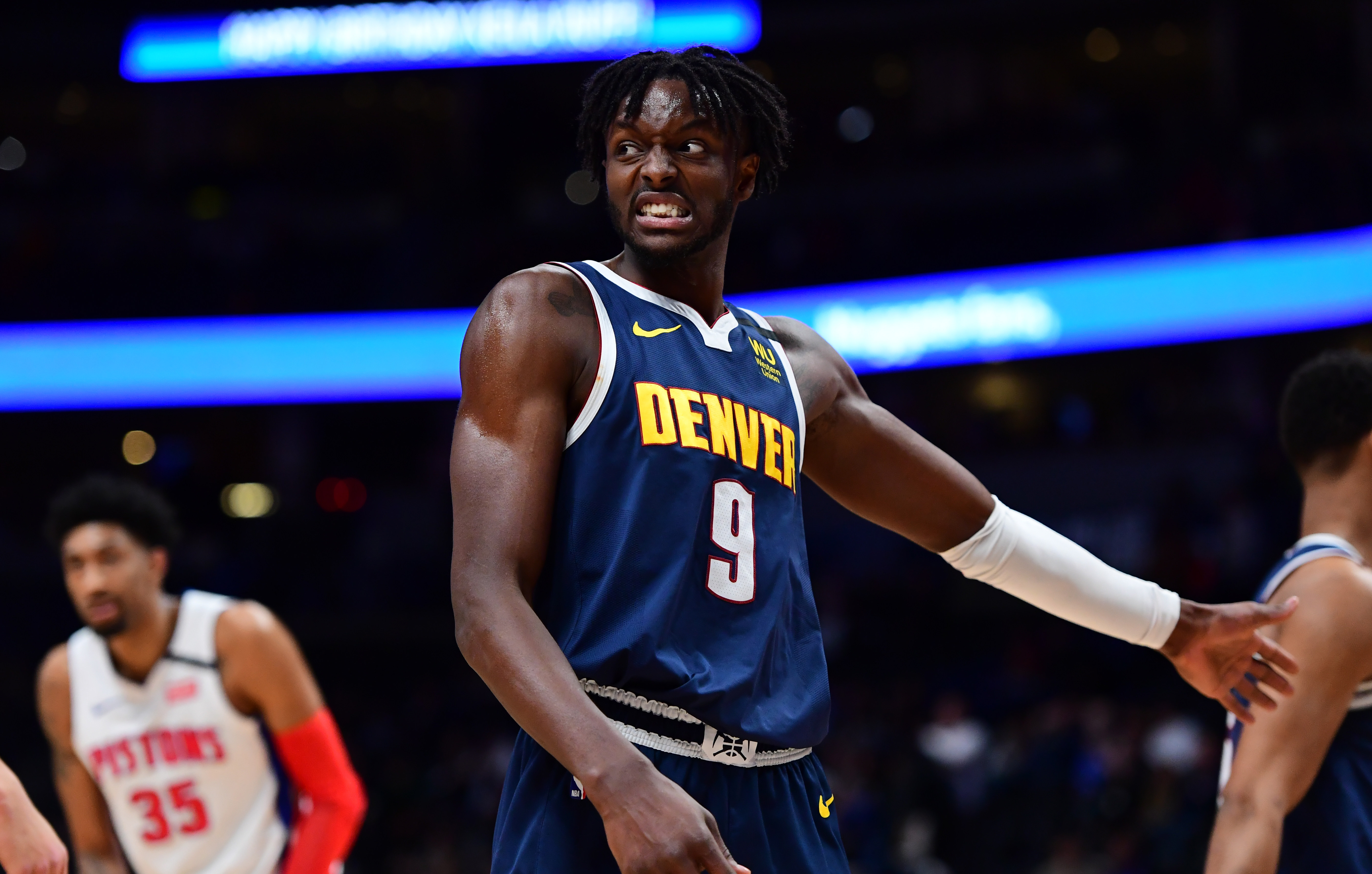 Denver Nuggets forward Jerami Grant (9) celebrates defeating the against the Detroit Pistons at the Pepsi Center.