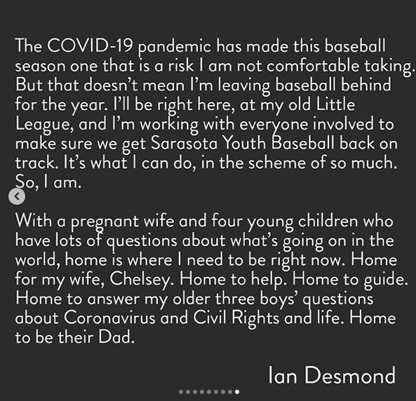 Ian Desmond Opts Out of 2020 Season, Writes Lengthy Instagram Post on  Baseball's Problems - Crossing Broad