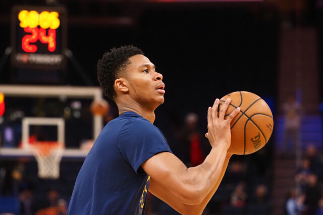 San Francisco, California, USA; Denver Nuggets guard PJ Dozier (35) warms up before the game against the Golden State Warriors at Chase Center.