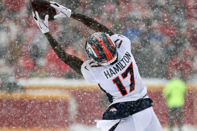 Denver Broncos wide receiver DaeSean Hamilton (17) bobbles the ball during the second half against the Kansas City Chiefs at Arrowhead Stadium.