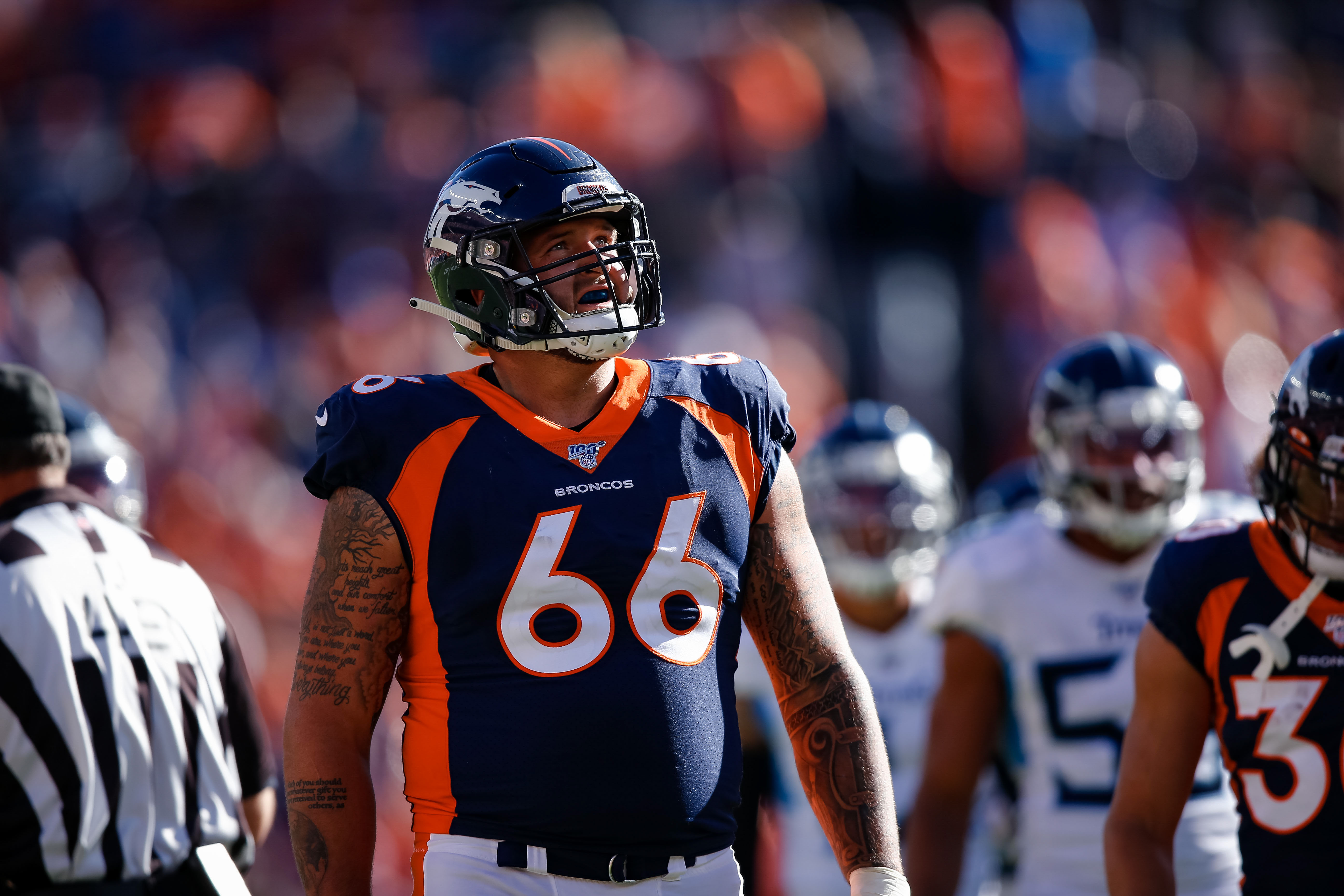 Denver Broncos guard Dalton Risner (66) in the second quarter against the Tennessee Titans at Empower Field at Mile High.