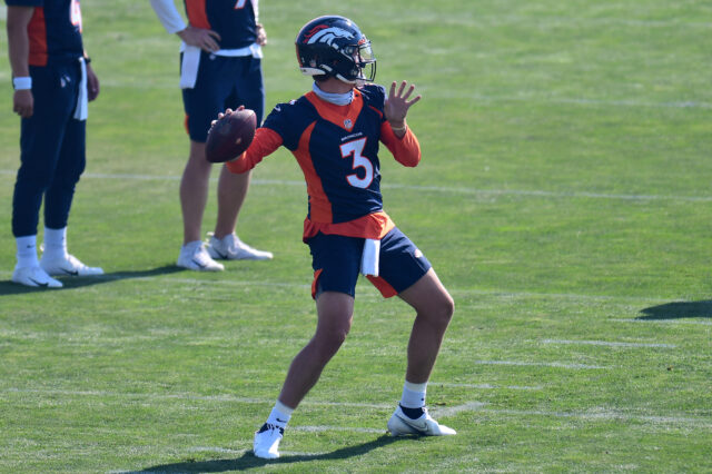 Denver Broncos quarterback Drew Lock (3) prepares to throw the ball during training camp at the UCHealth Training Center.