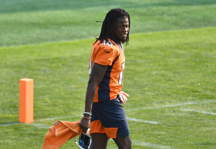 Denver Broncos wide receiver Jerry Jeudy (10) before the start of training camp at the UCHealth Training Center.