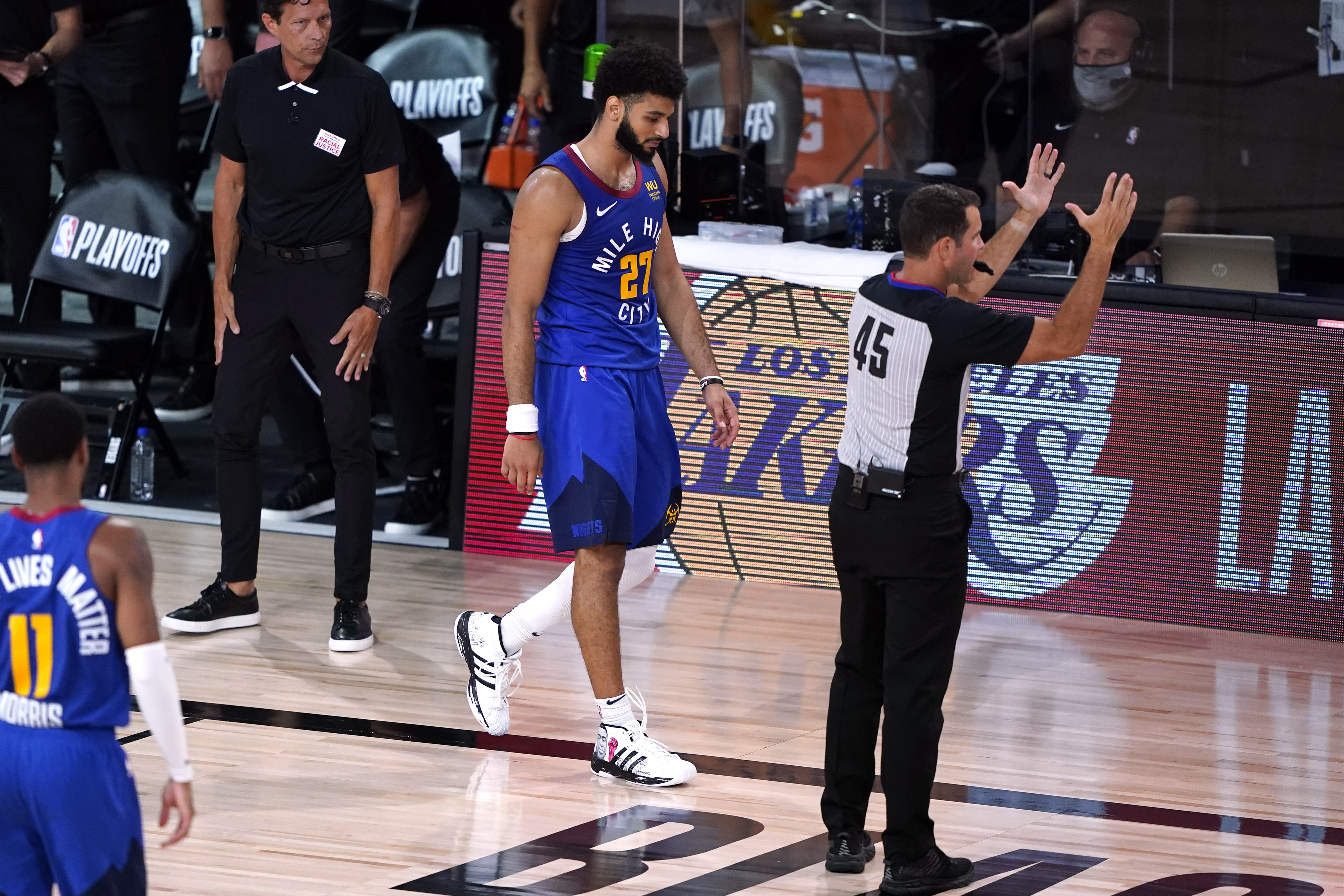 Denver Nuggets' Jamal Murray (27) walks back to the bench following game four of the first round of the 2020 NBA Playoffs at AdventHealth Arena