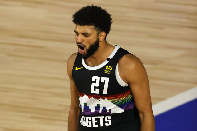Jamal Murray #27 of the Denver Nuggets reacts after a shot during the fourth quarter against the Utah Jazz in game five of the first round of the 2020 NBA Playoffs at ESPN Wide World of Sports Complex.
