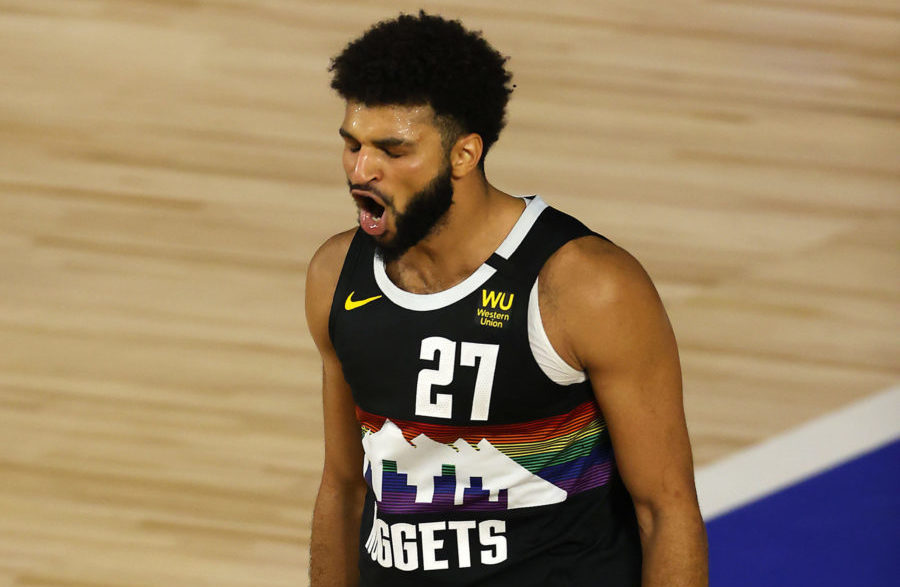 Jamal Murray #27 of the Denver Nuggets reacts after a shot during the fourth quarter against the Utah Jazz in game five of the first round of the 2020 NBA Playoffs at ESPN Wide World of Sports Complex.
