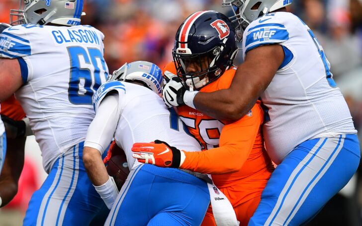 Malik Reed with a sack against the Lions in 2019. Credit: Ron Chenoy, USA TODAY Sports.