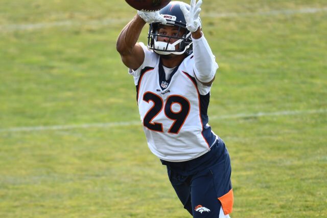 Denver Broncos cornerback Bryce Callahan (29) works out during training camp at the UCHealth Training Center.