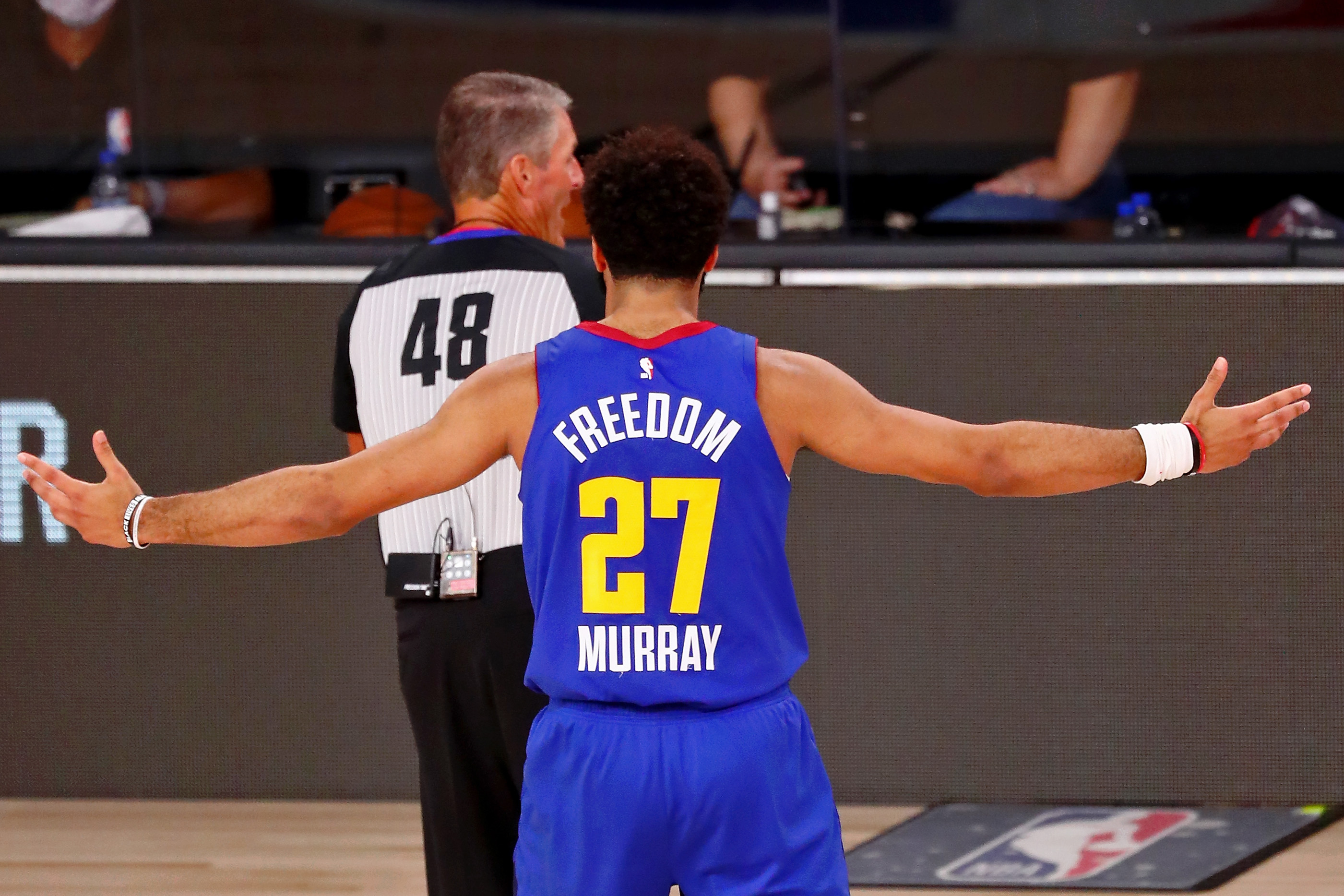 Denver Nuggets guard Jamal Murray (27) reacts after being called for a technical foul against the Los Angeles Lakers during the second quarter in game one of the Western Conference Finals of the 2020 NBA Playoffs at AdventHealth Arena.