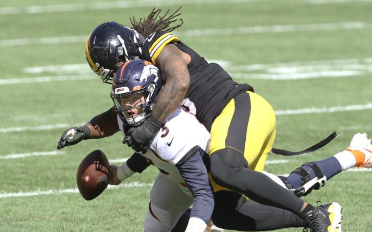 Drew Lock sacked and injured by Bud Dupree of the Steelers. Credit: Charles LeClaire, USA TODAY Sports.