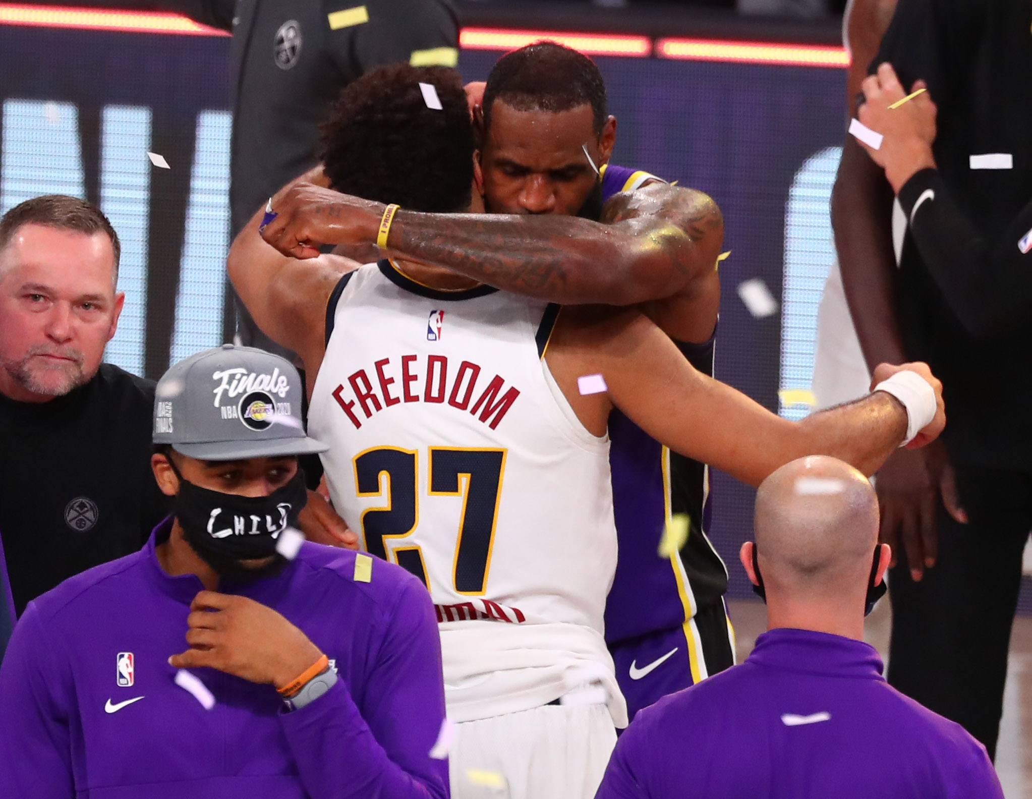 Los Angeles Lakers forward LeBron James (23) greets Denver Nuggets guard Jamal Murray (27) after game five of the Western Conference Finals of the 2020 NBA Playoffs at AdventHealth Arena.